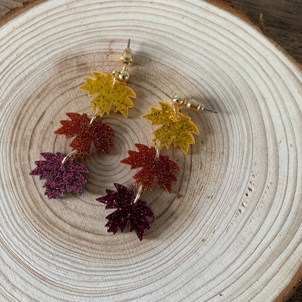 Glittery Acrylic Triple Fall Leaf Dangle Earrings